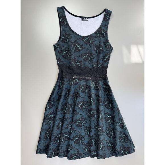 VTG Y2K Deb Womens Stretch Dress Small Green Black Lace Whimsigoth Mall Goth - Picture 3 of 12